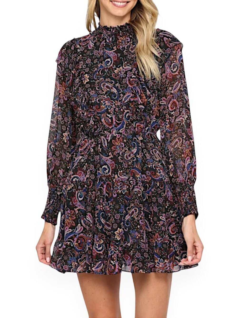 Fate Black Paisley Smocked Mock Neck Ruffled Mini Tiered Dress NWT New S